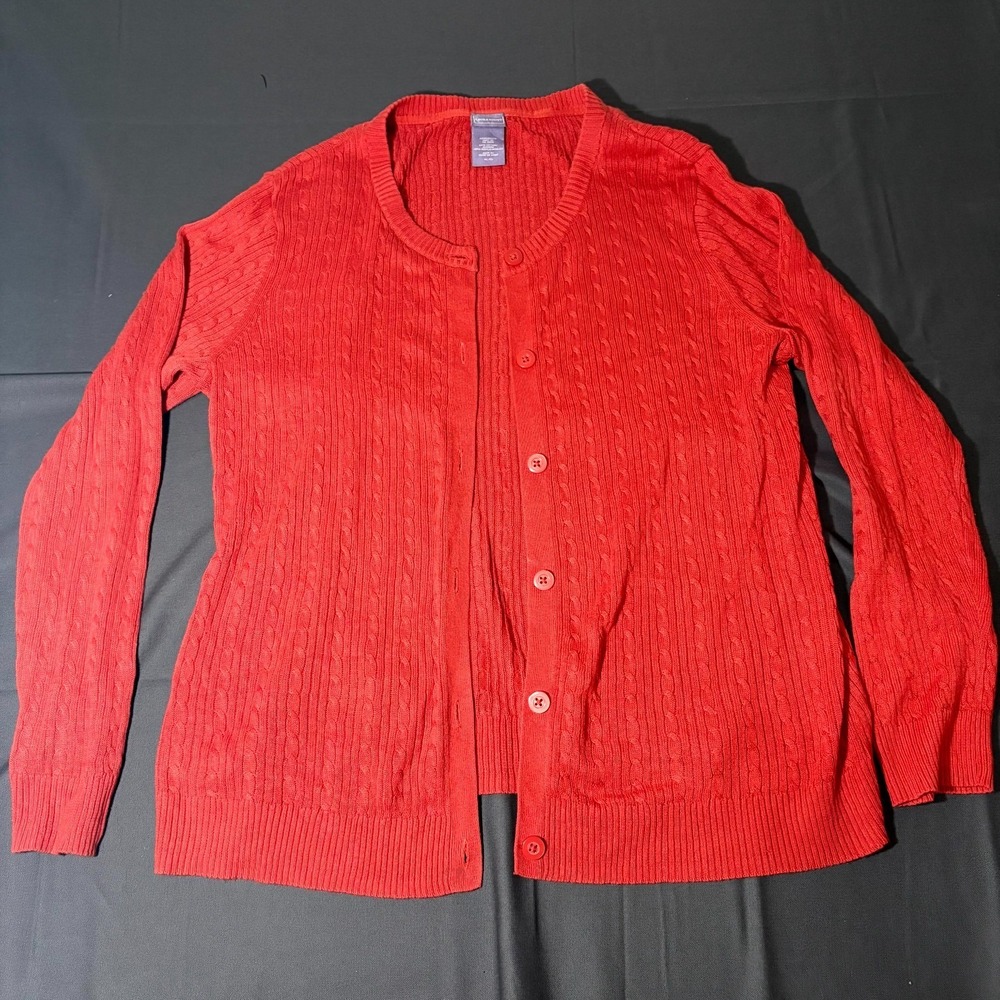Laura Scott Cardigan Sweater Womens XL Coral Red Cotton Cable Knit Button Front